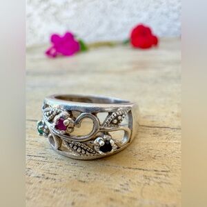 Vtg 925 Natural Ruby, Sapphire, & Emerald Avon Sz 6 3.77g